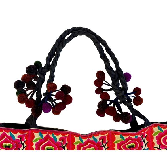Authentic Vintage Y2K Mexican Floral Embroidered Handmade Shoulder Pom Pom Purse - Picture 8 of 13